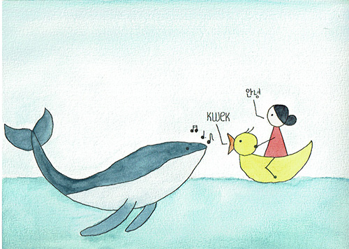 Waterverftekening met walvis, badeendje en Lynnepin die ik elkaar begroeten