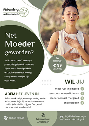 Flyer van AdemIng voor bij de verloskundigenpraktijk